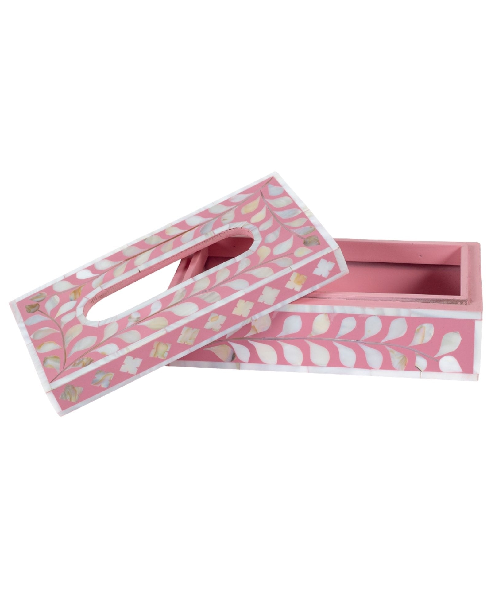 Pink mother of pearl inlay tissue box with floral pattern, handcrafted decorative tissue holder in wood.