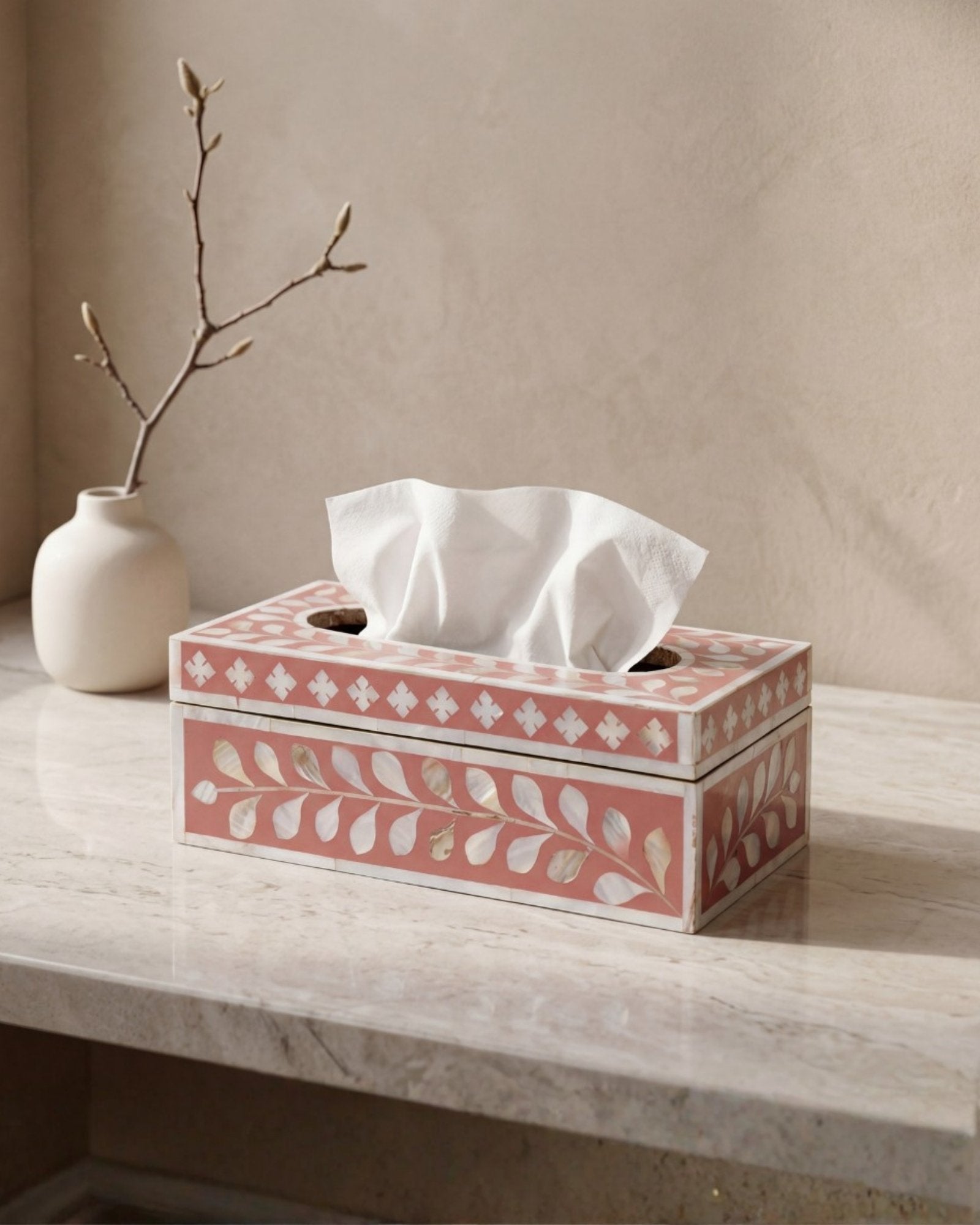 Pink mother of pearl inlay tissue box with floral pattern, handcrafted decorative tissue holder in wood.