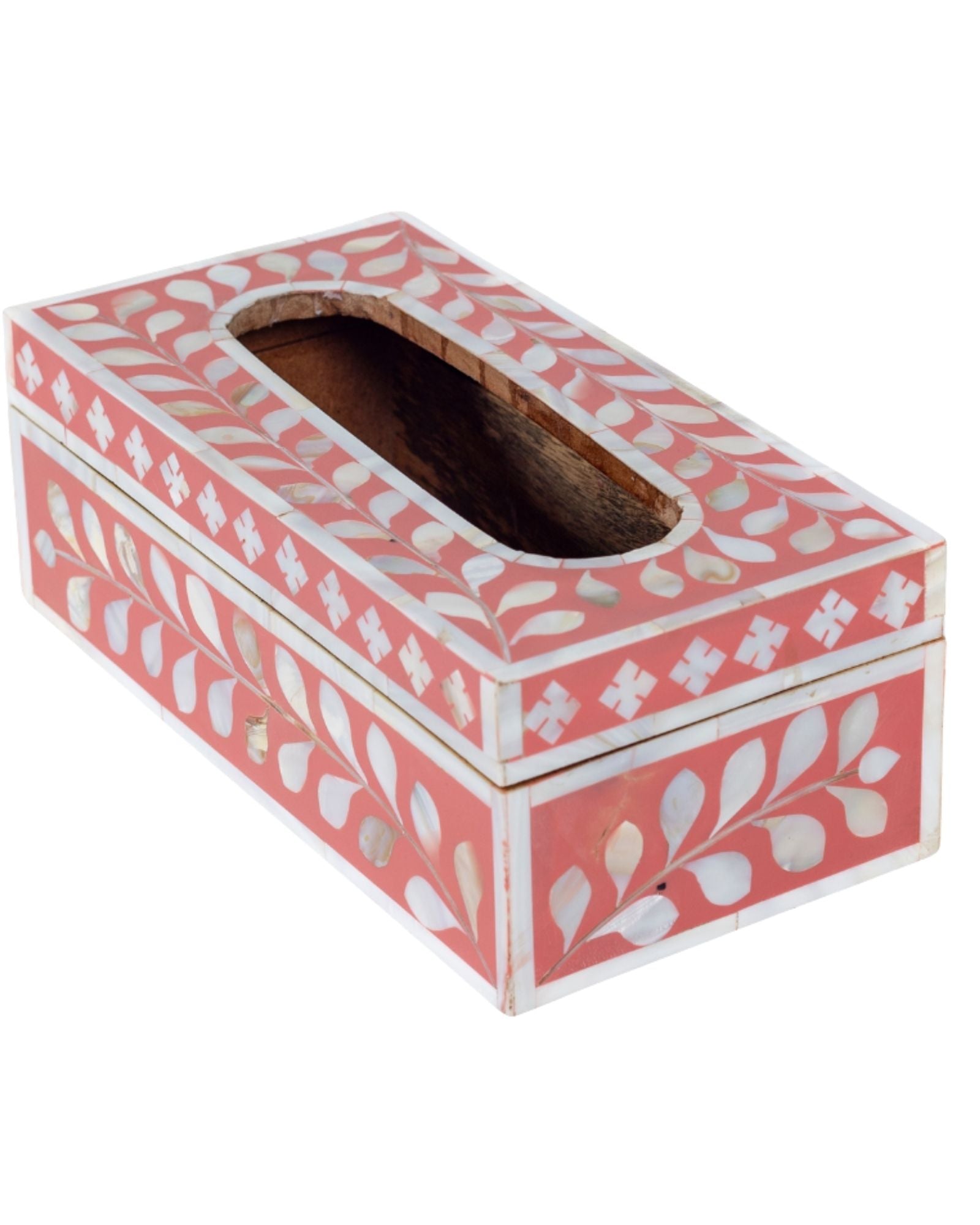 Pink mother of pearl inlay tissue box with floral pattern, handcrafted decorative tissue holder in wood.