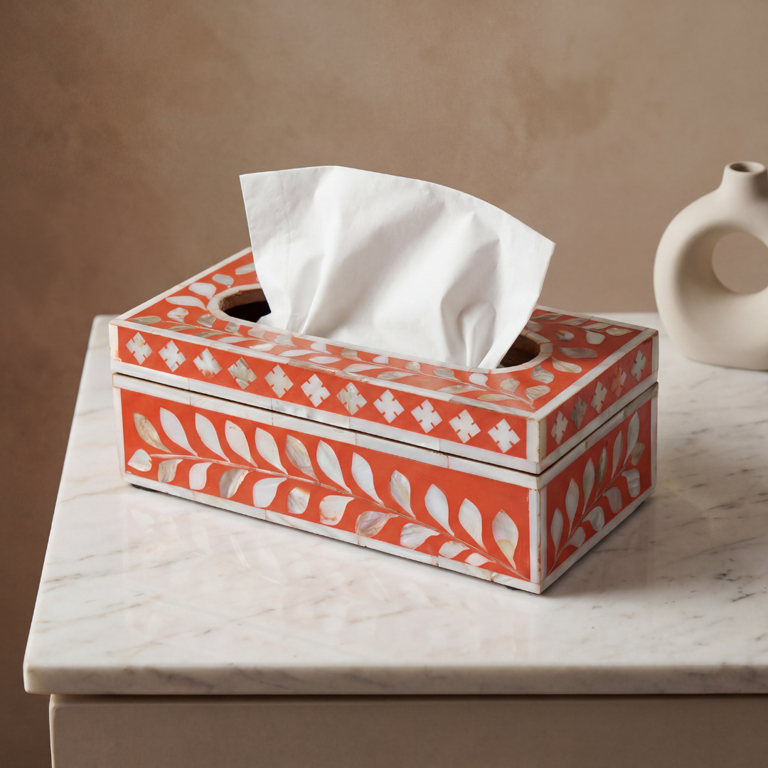 Orange mother of pearl inlay tissue box with floral pattern, handcrafted decorative tissue holder in wood
