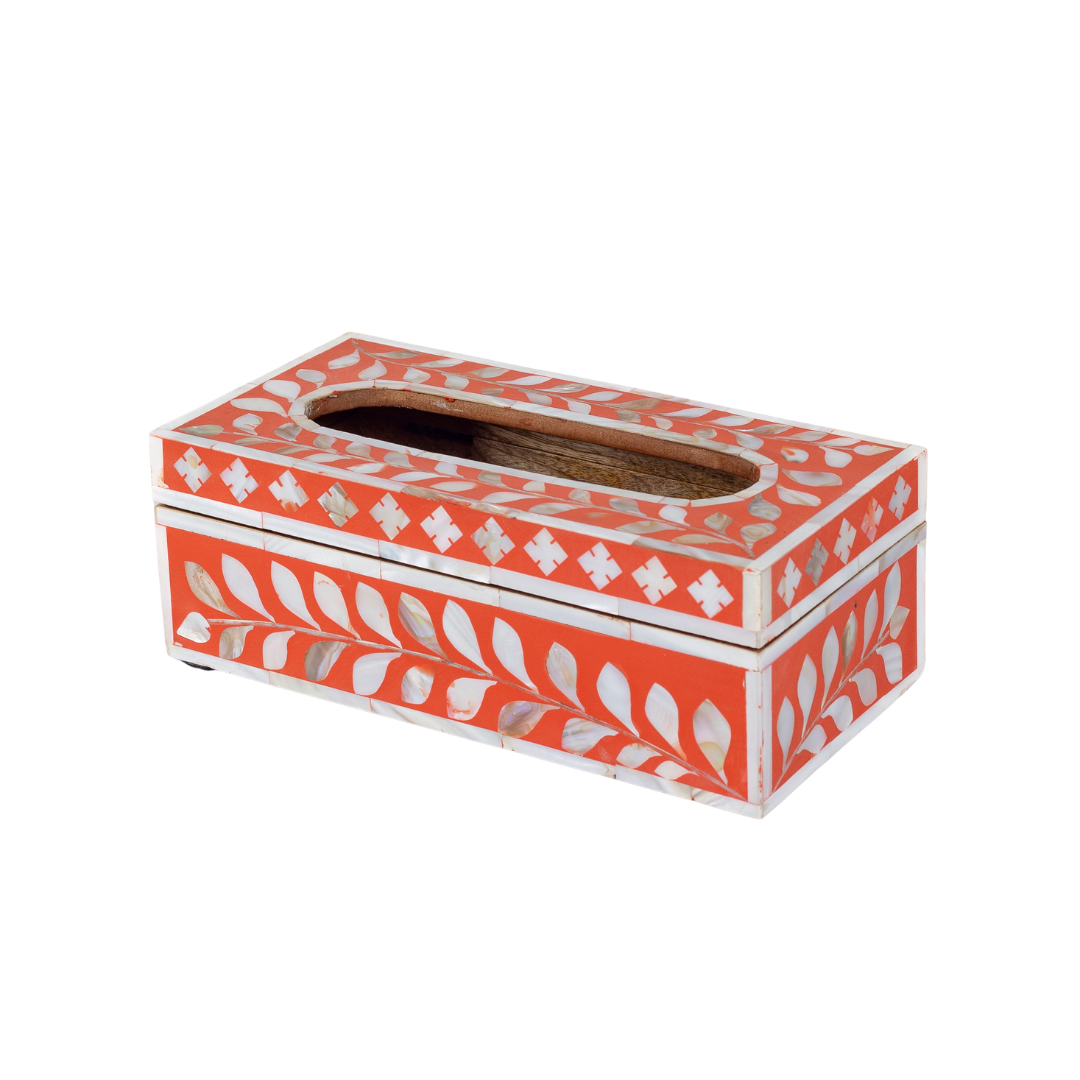 Orange mother of pearl inlay tissue box with floral pattern, handcrafted decorative tissue holder in wood
