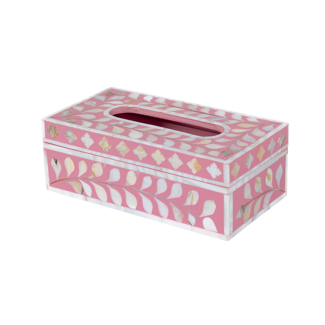Pink mother of pearl inlay tissue box with floral pattern, handcrafted decorative tissue holder in wood