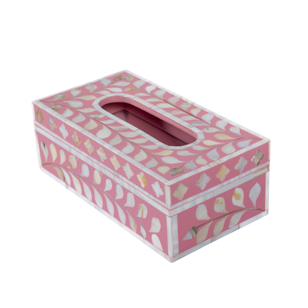 Pink mother of pearl inlay tissue box with floral pattern, handcrafted decorative tissue holder in wood