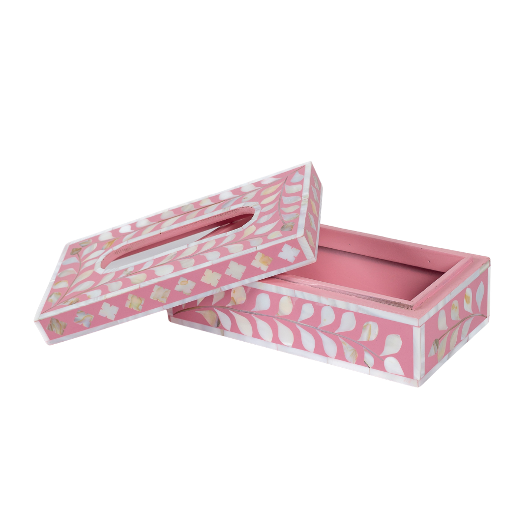 Pink mother of pearl inlay tissue box with floral pattern, handcrafted decorative tissue holder in wood