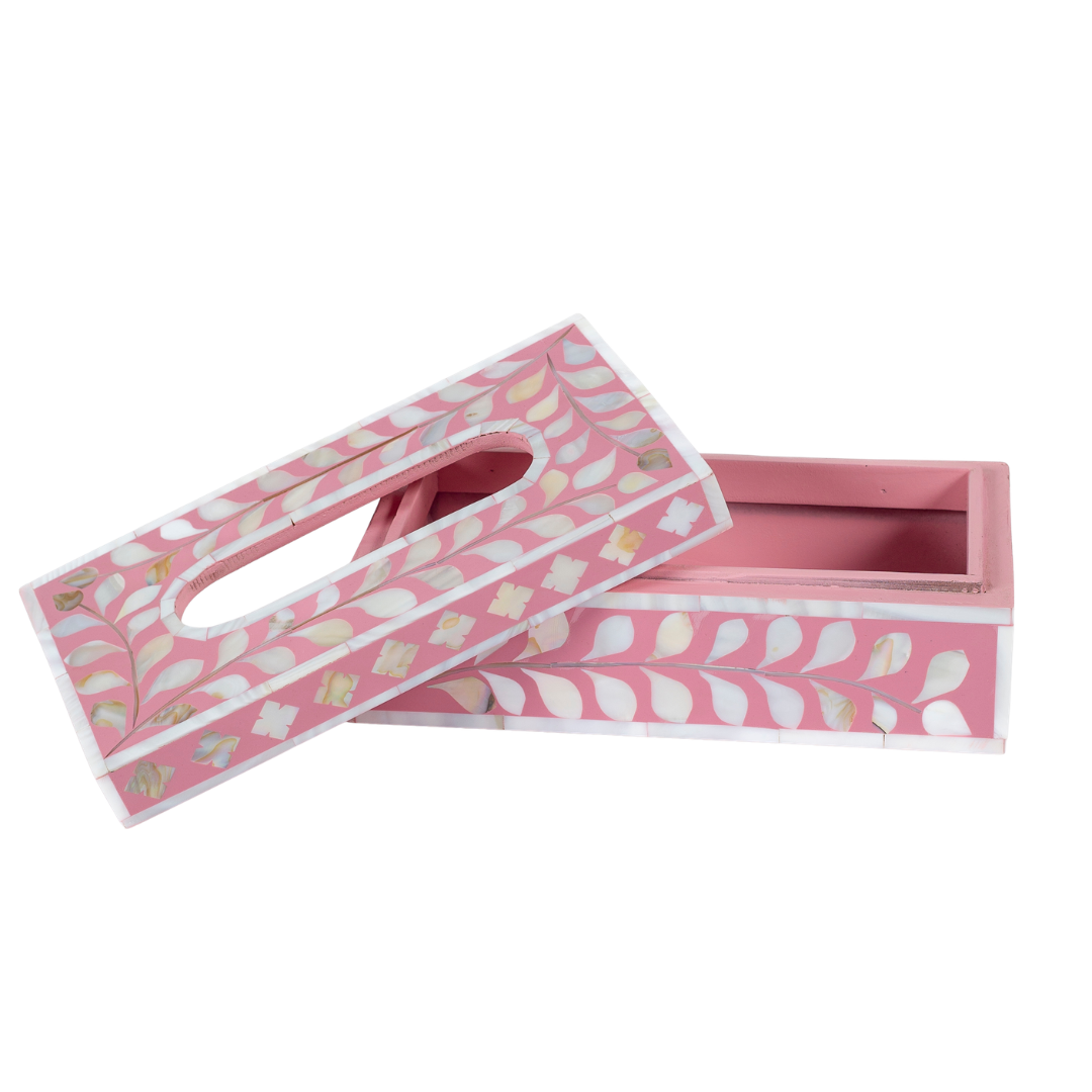 Pink mother of pearl inlay tissue box with floral pattern, handcrafted decorative tissue holder in wood
