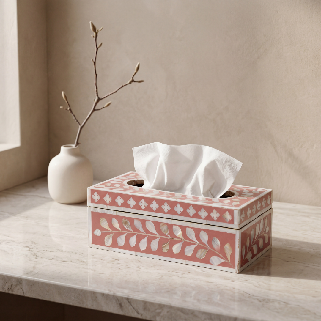 Pink mother of pearl inlay tissue box with floral pattern, handcrafted decorative tissue holder in wood
