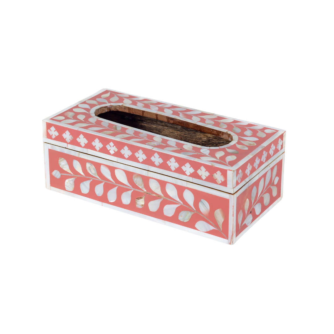 Pink mother of pearl inlay tissue box with floral pattern, handcrafted decorative tissue holder in wood