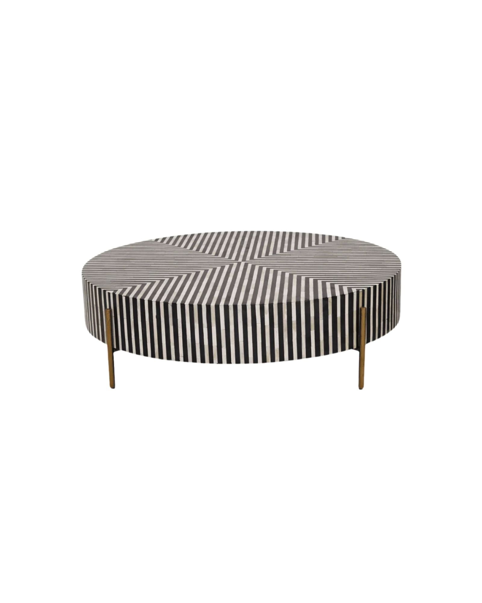 Round black bone inlay striped design coffee table.