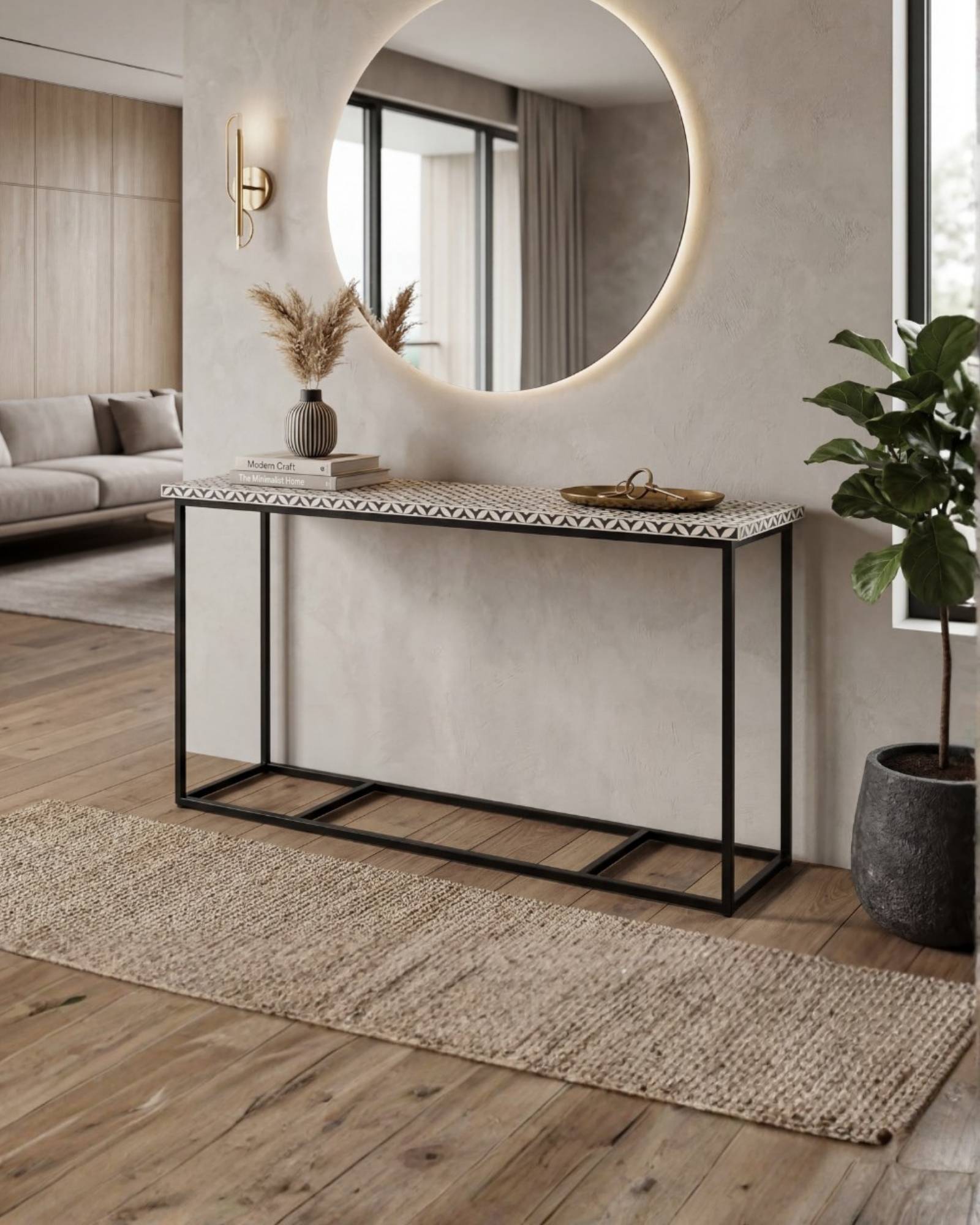 Bone inlay console table featuring geometric pattern in black and white with metal base, handcrafted furniture piece.
