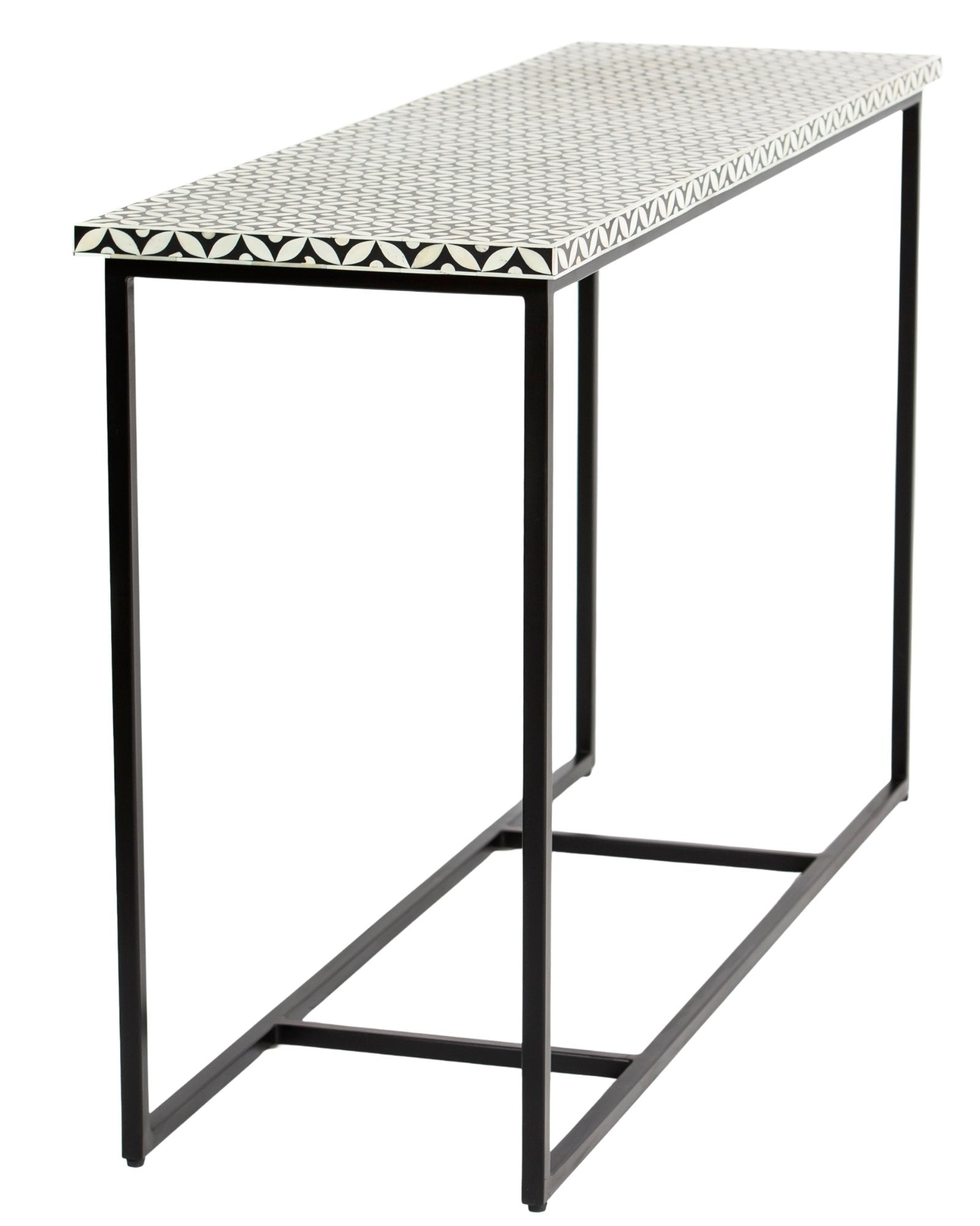 Bone inlay console table featuring geometric pattern in black and white with metal base, handcrafted furniture piece.
