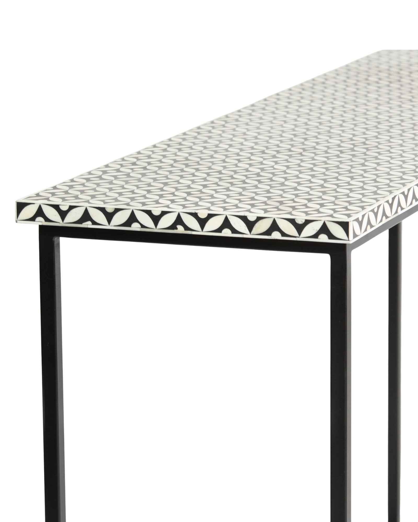 Bone inlay console table featuring geometric pattern in black and white with metal base, handcrafted furniture piece.