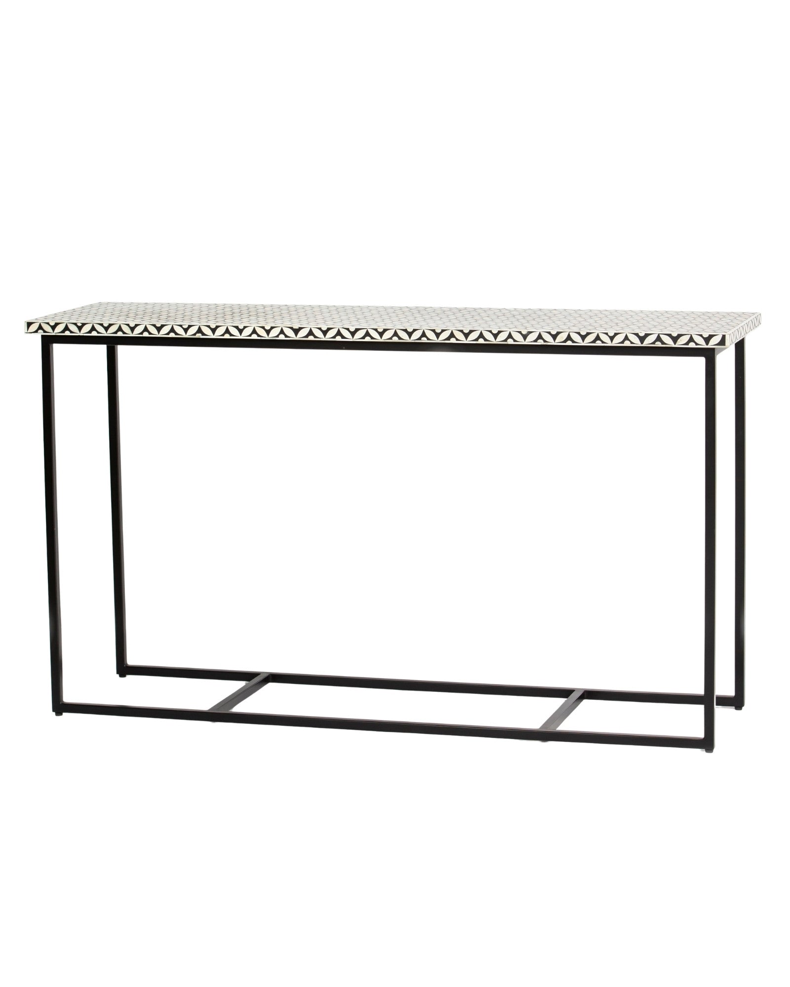 Bone inlay console table featuring geometric pattern in black and white with metal base, handcrafted furniture piece.