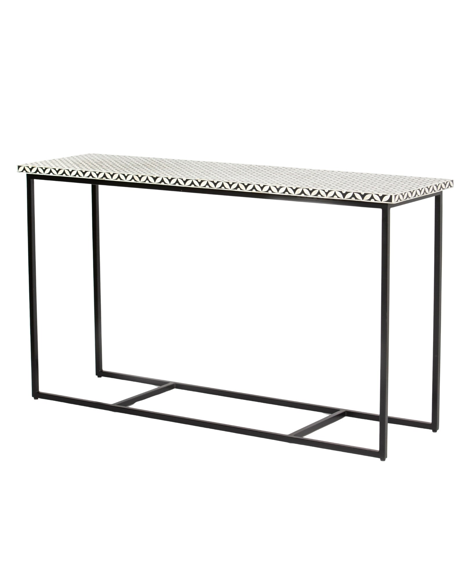 Bone inlay console table featuring geometric pattern in black and white with metal base, handcrafted furniture piece.