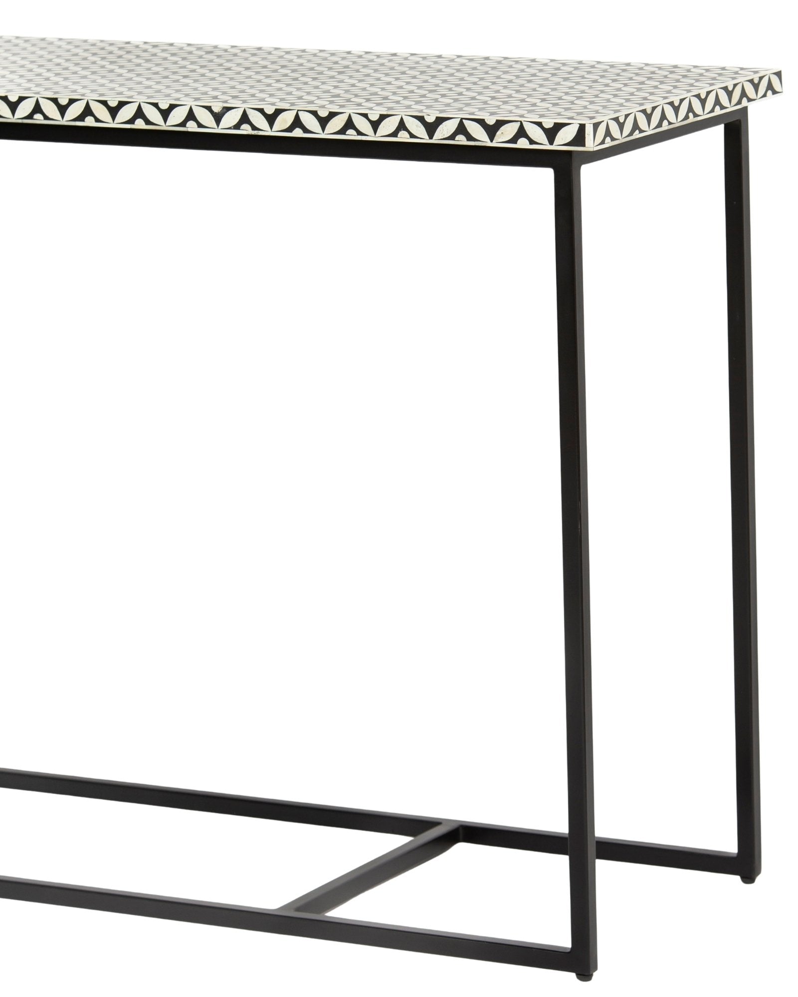 Bone inlay console table featuring geometric pattern in black and white with metal base, handcrafted furniture piece.