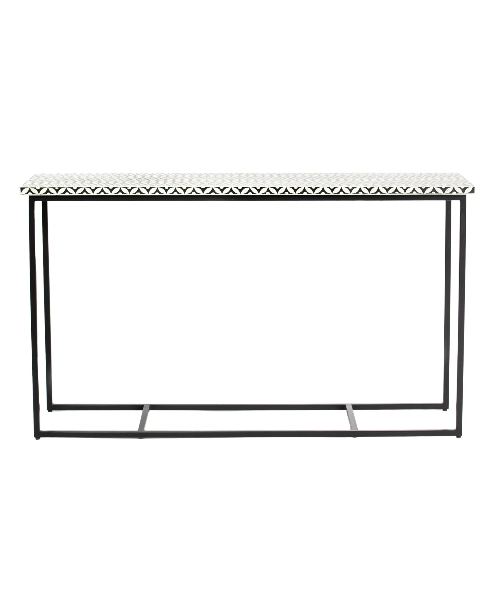 Bone inlay console table featuring geometric pattern in black and white with metal base, handcrafted furniture piece.