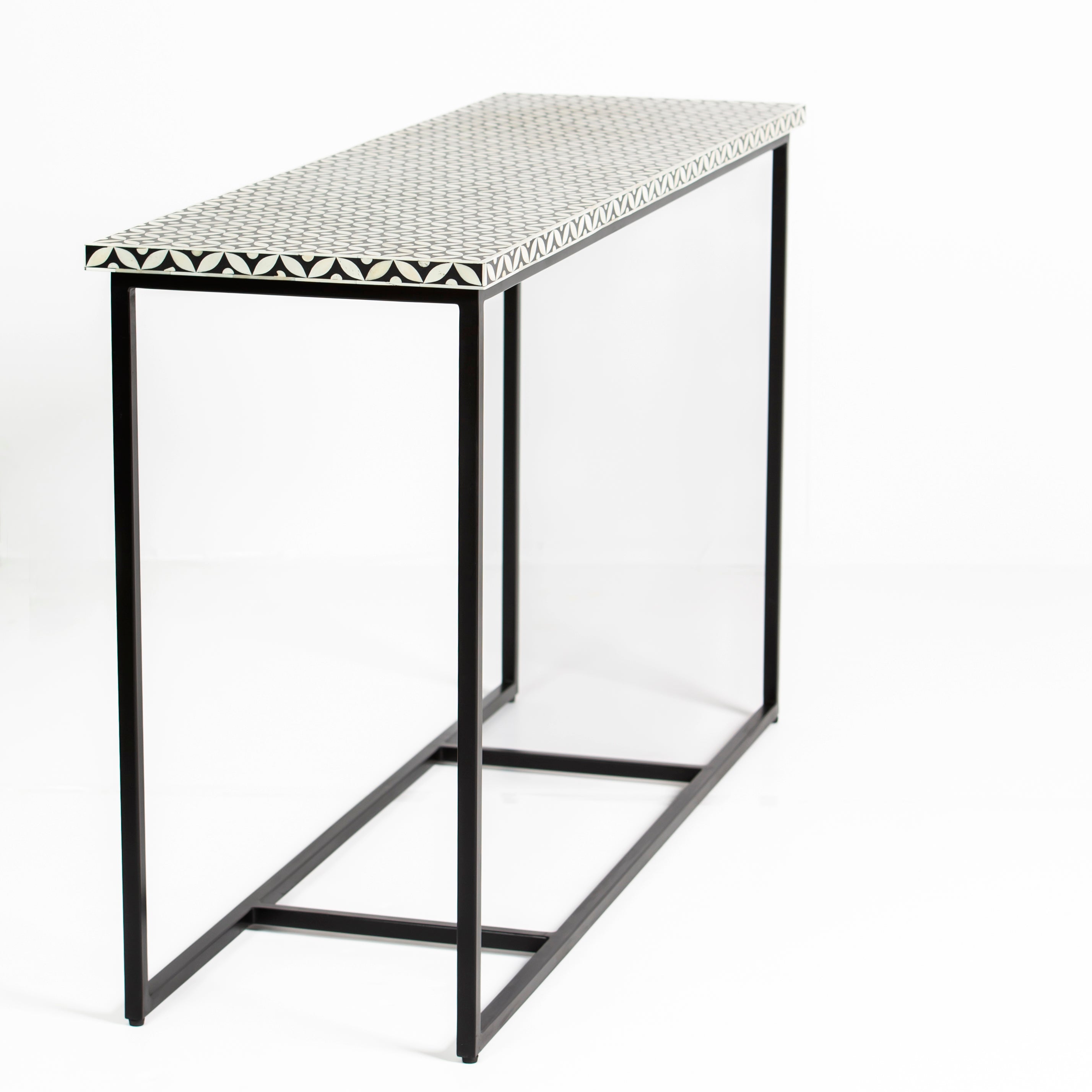 Bone inlay console table featuring geometric pattern in black and white with metal base, handcrafted furniture piece