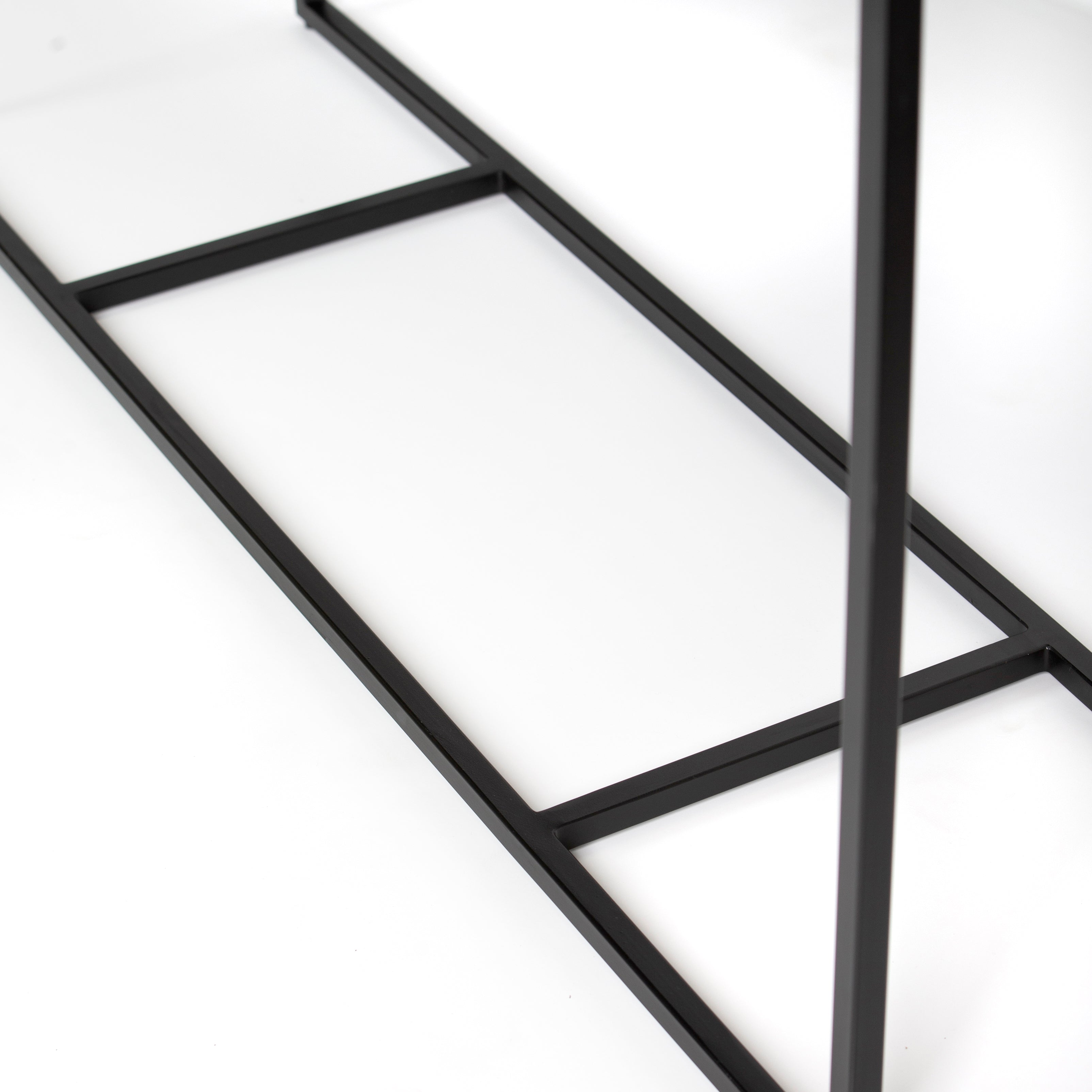 Bone inlay console table featuring geometric pattern in black and white with metal base, handcrafted furniture piece