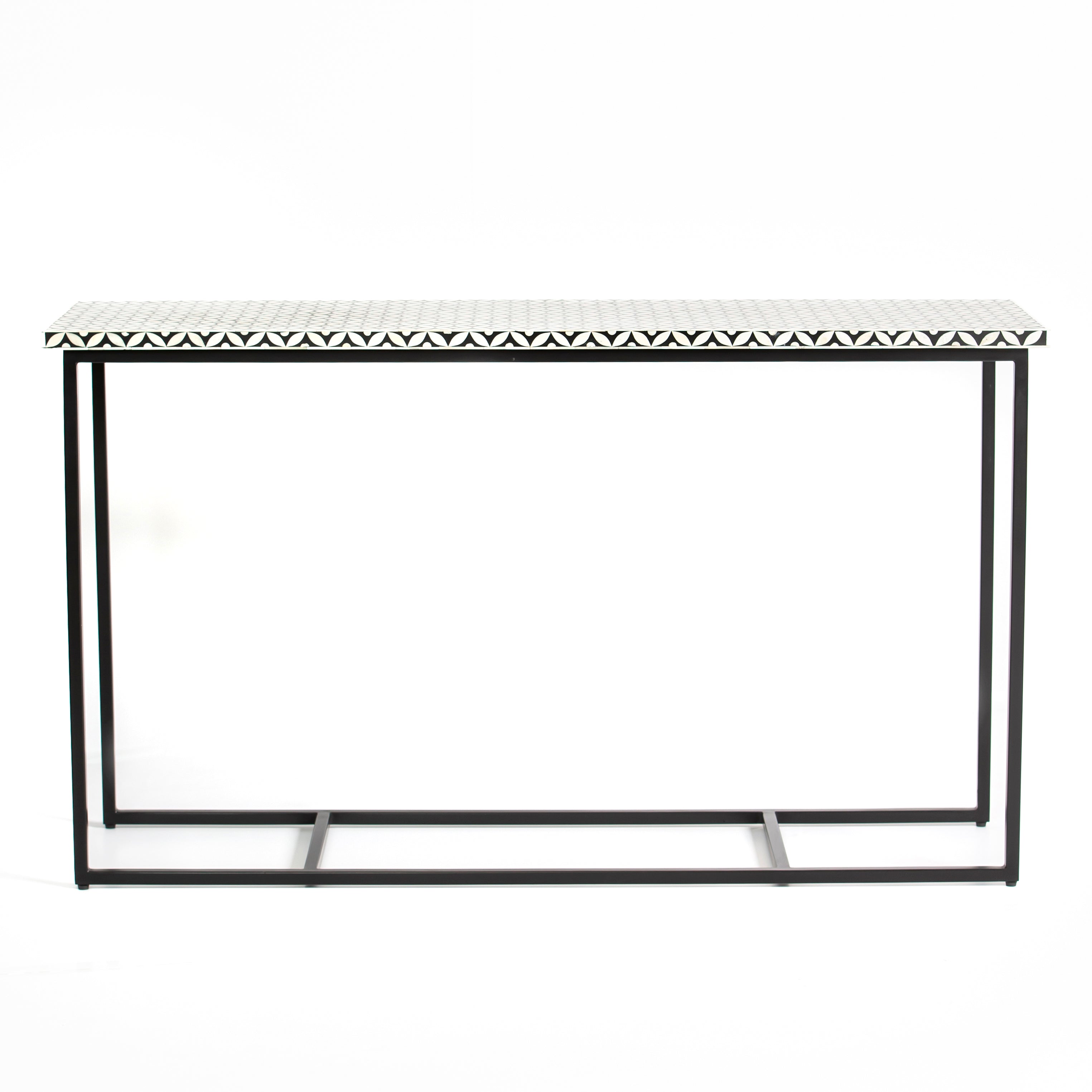 Bone inlay console table featuring geometric pattern in black and white with metal base, handcrafted furniture piece