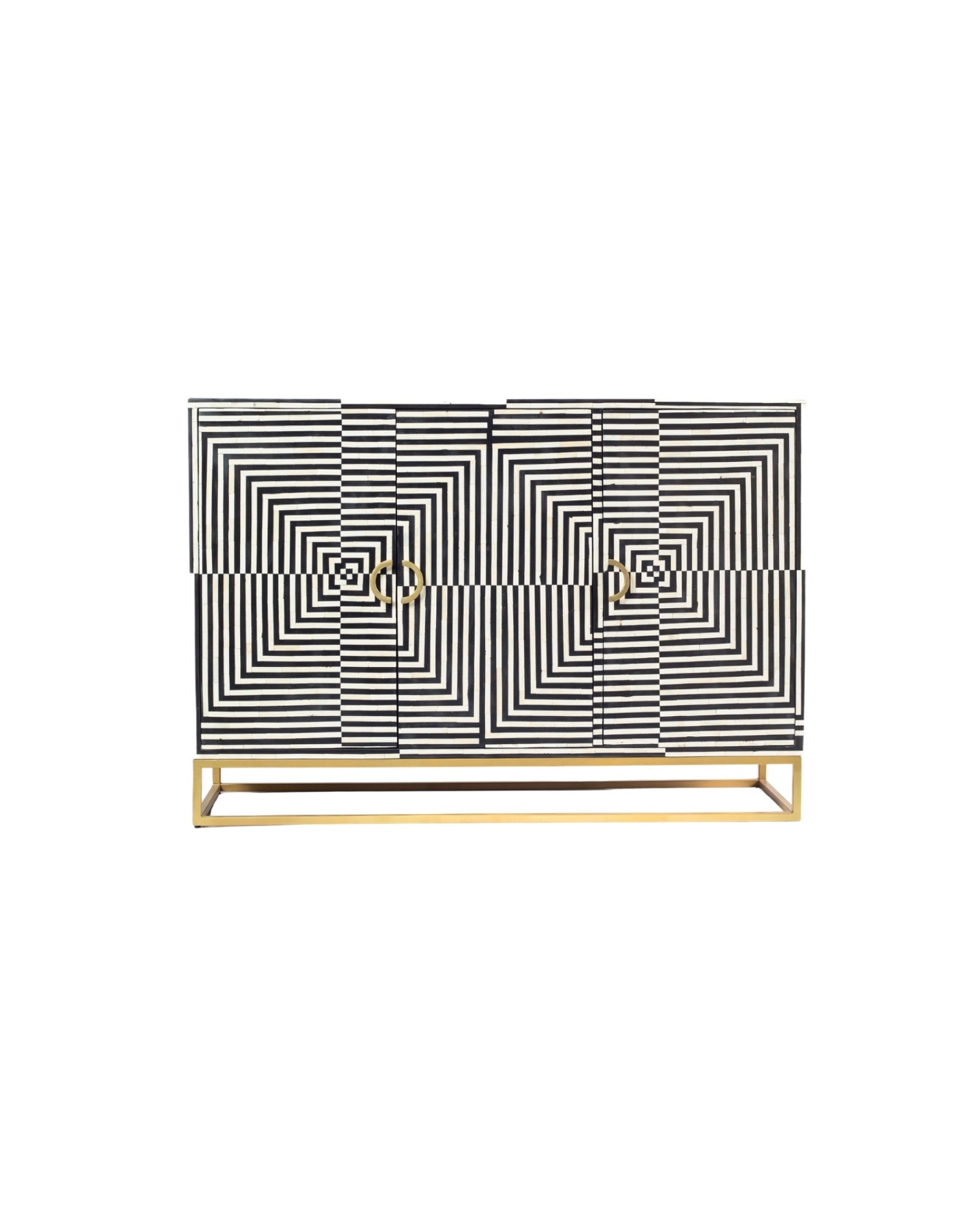 Black & White bone inlay cabinet in striped vine pattern, brass legs, and brass handles, handcrafted with spacious storage and artisanal charm.