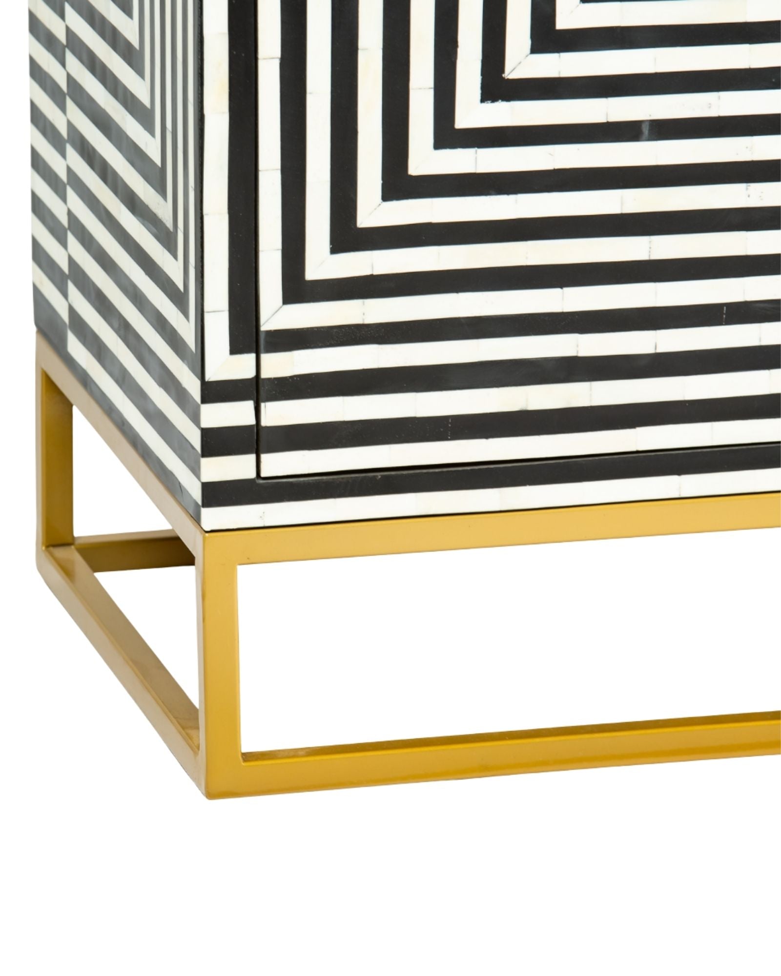 Black & White bone inlay cabinet in striped vine pattern, brass legs, and brass handles, handcrafted with spacious storage and artisanal charm.
