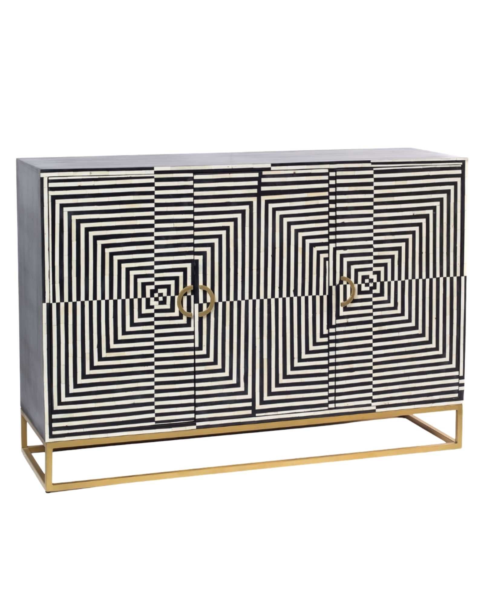 Black & White bone inlay cabinet in striped vine pattern, brass legs, and brass handles, handcrafted with spacious storage and artisanal charm.