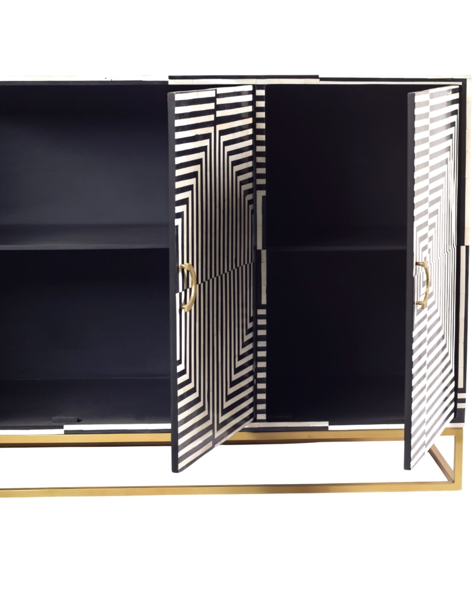 Black & White bone inlay cabinet in striped vine pattern, brass legs, and brass handles, handcrafted with spacious storage and artisanal charm.