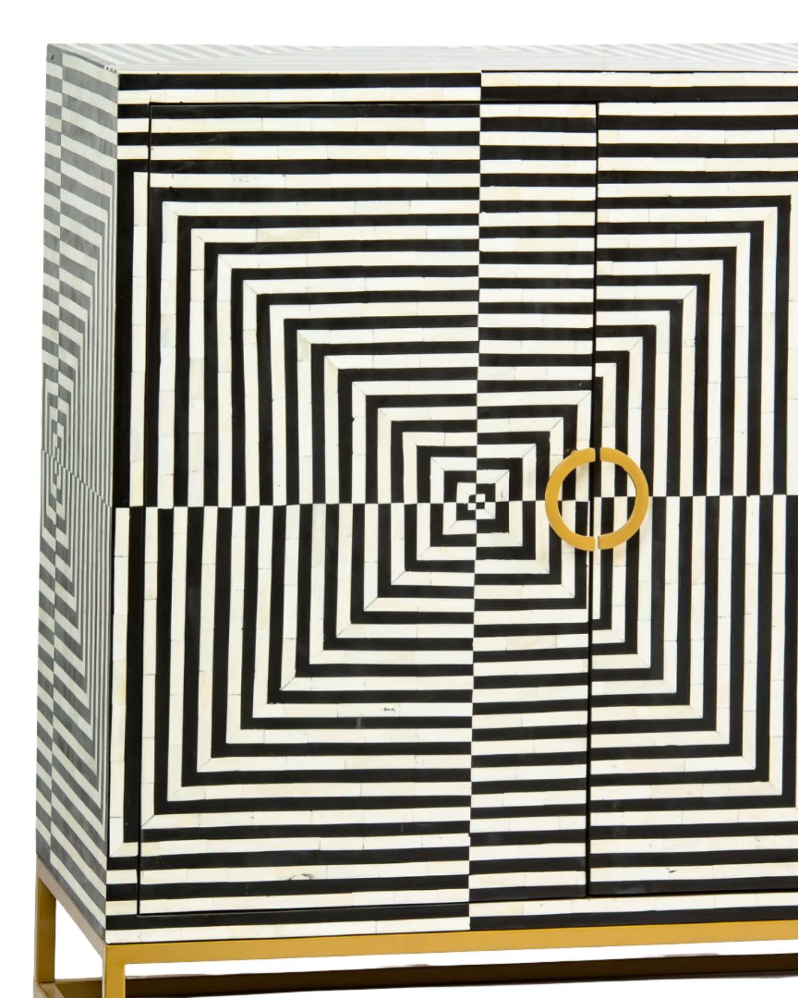 Black & White bone inlay cabinet in striped vine pattern, brass legs, and brass handles, handcrafted with spacious storage and artisanal charm.