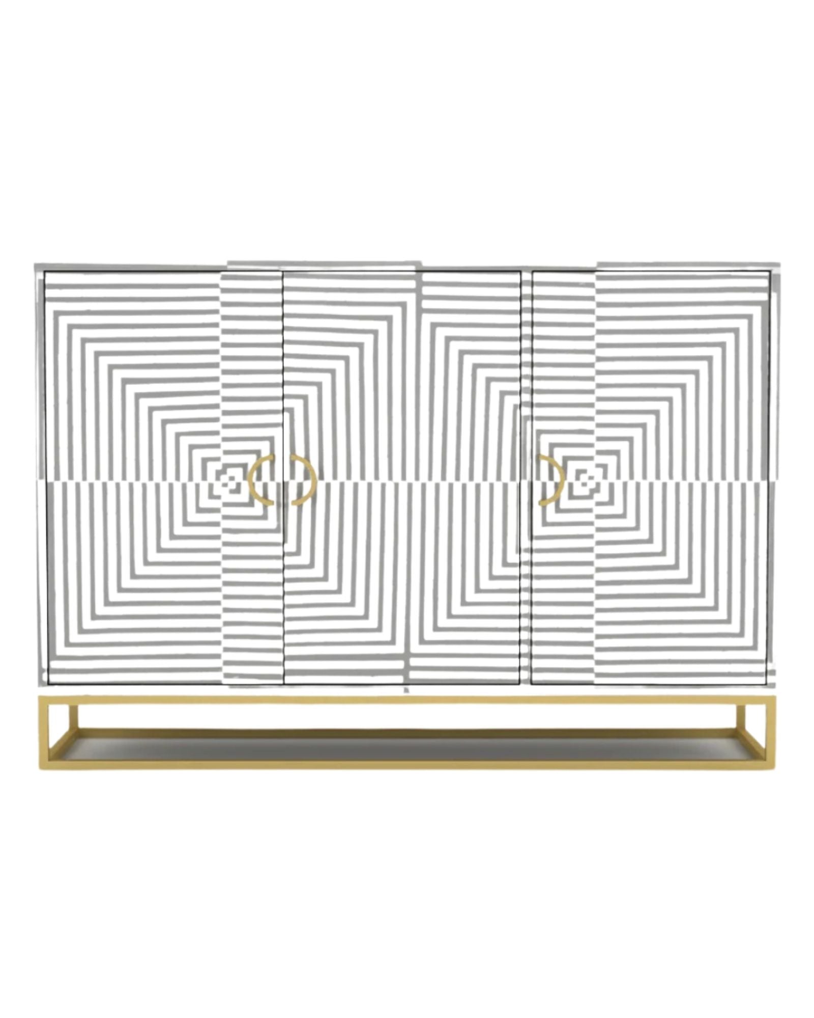 Handcrafted Grey cabinet with intricate bone inlay, featuring a striped pattern and sleek metal legs. A luxurious storage solution for any space.