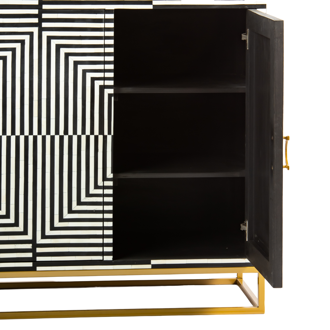 Black & White bone inlay cabinet in striped vine pattern, brass legs, and brass handles, handcrafted with spacious storage and artisanal charm.