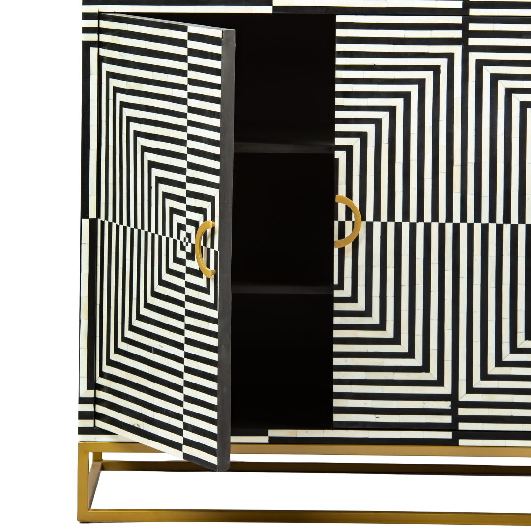 Black & White bone inlay cabinet in striped vine pattern, brass legs, and brass handles, handcrafted with spacious storage and artisanal charm.