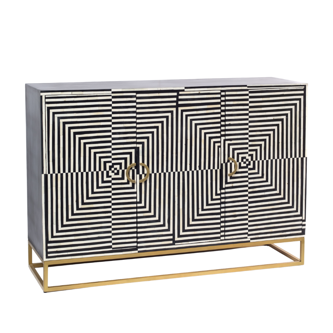 Black & White bone inlay cabinet in striped vine pattern, brass legs, and brass handles, handcrafted with spacious storage and artisanal charm.