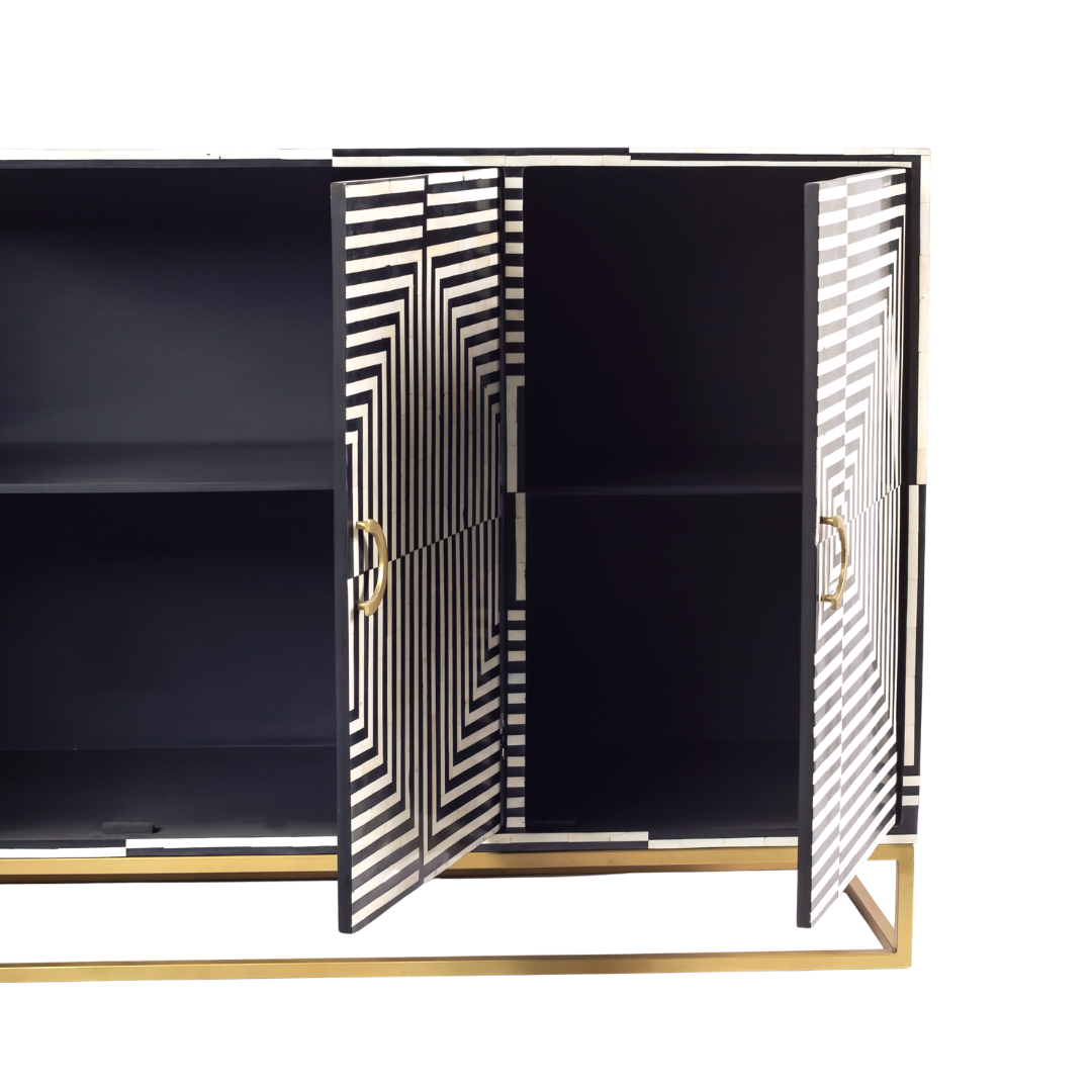 Black & White bone inlay cabinet in striped vine pattern, brass legs, and brass handles, handcrafted with spacious storage and artisanal charm.