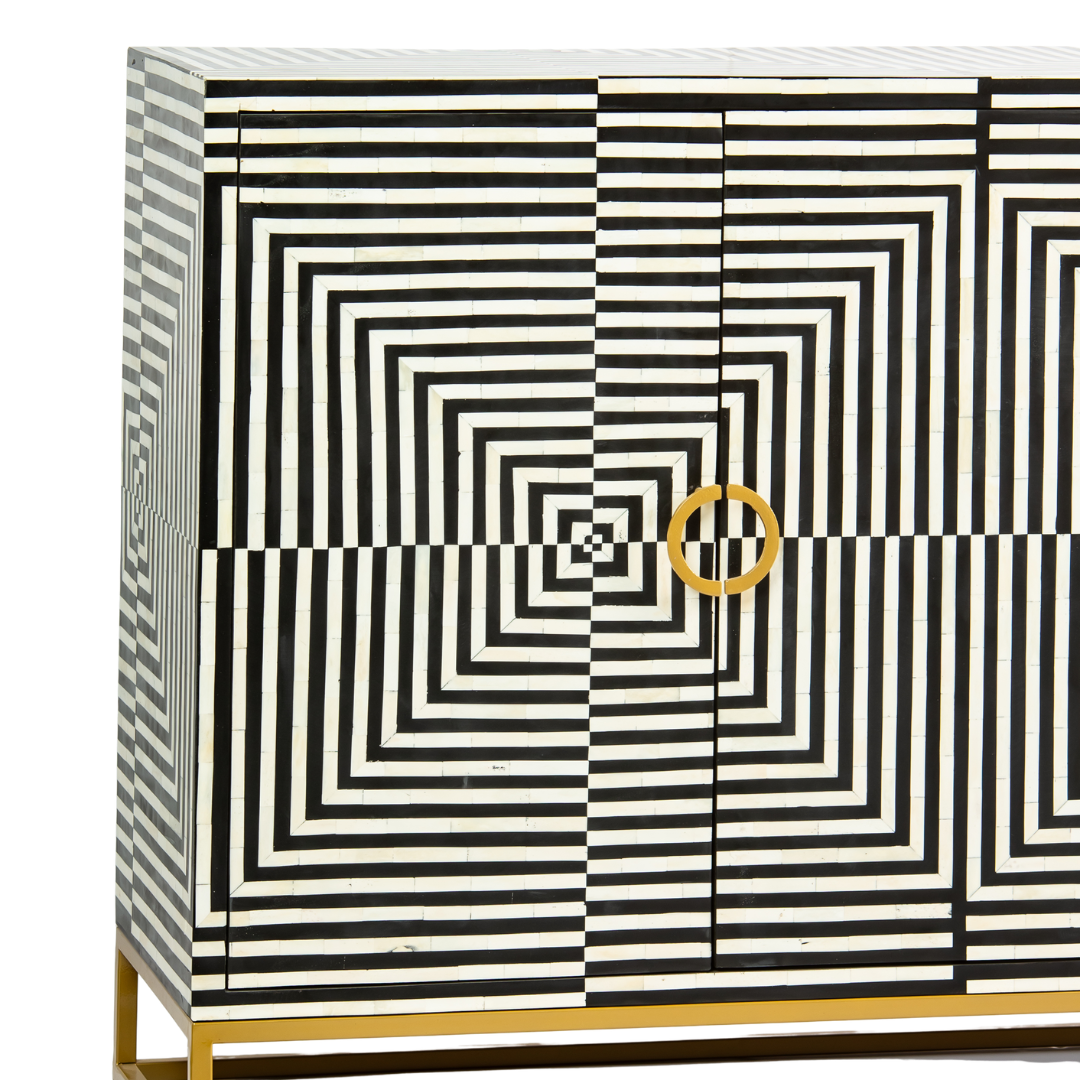 Black & White bone inlay cabinet in striped vine pattern, brass legs, and brass handles, handcrafted with spacious storage and artisanal charm.