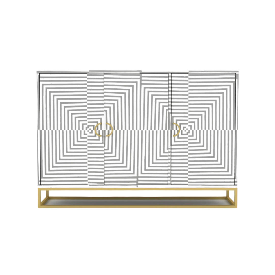 Handcrafted Grey cabinet with intricate bone inlay, featuring a striped pattern and sleek metal legs. A luxurious storage solution for any space.