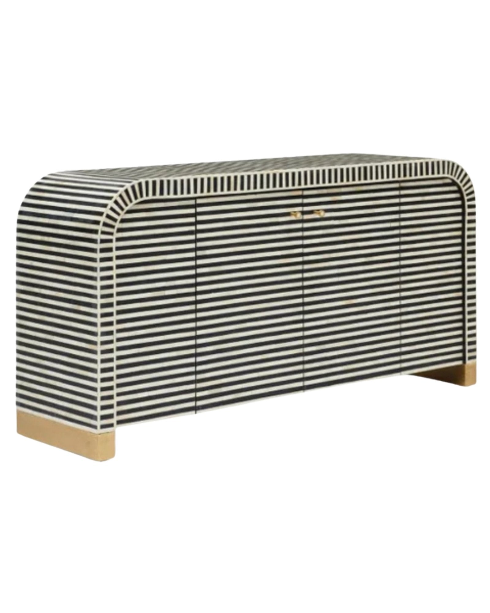 Handcrafted Black & White cabinet with intricate bone inlay, featuring striped pattern and sleek metal legs. A luxurious storage solution for any space.