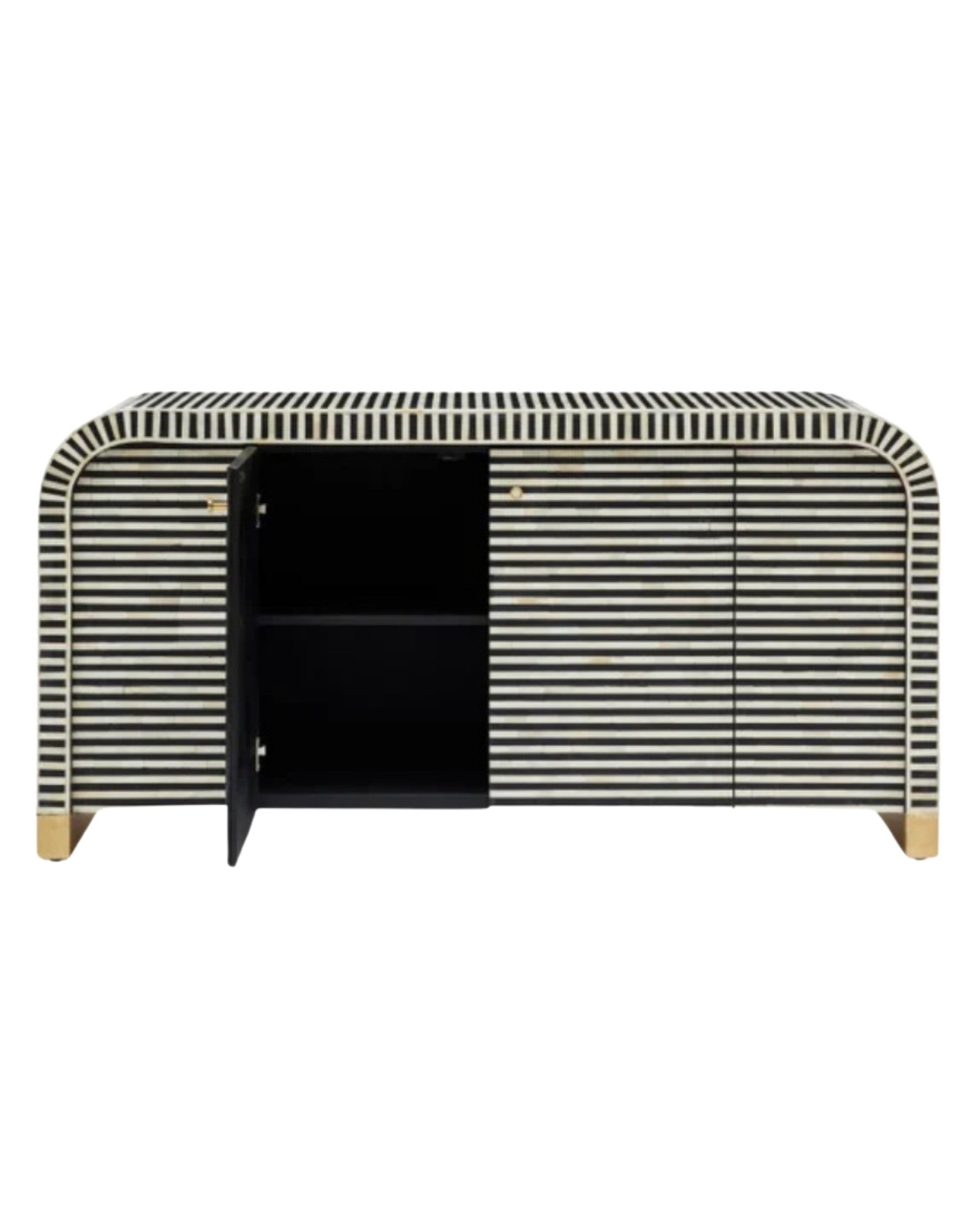 Handcrafted Black & White cabinet with intricate bone inlay, featuring striped pattern and sleek metal legs. A luxurious storage solution for any space.