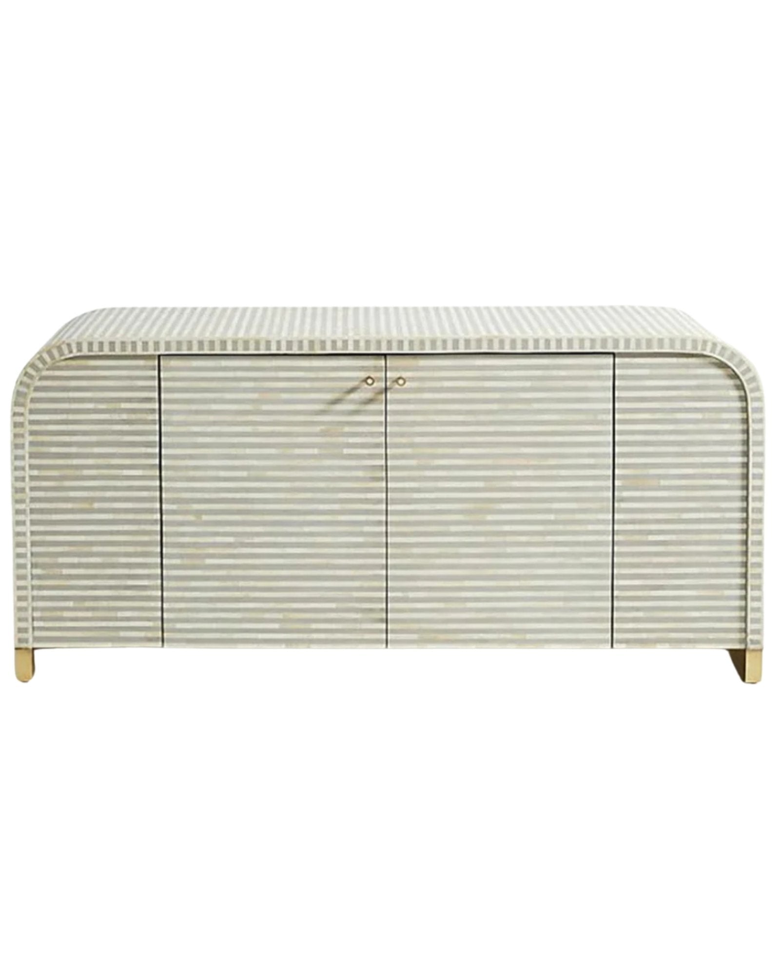 Handcrafted Pale Grey Bone Inlay Sideboard with intricate Bone Inlay, featuring striped pattern and sleek metal legs. A luxurious storage solution for any space.