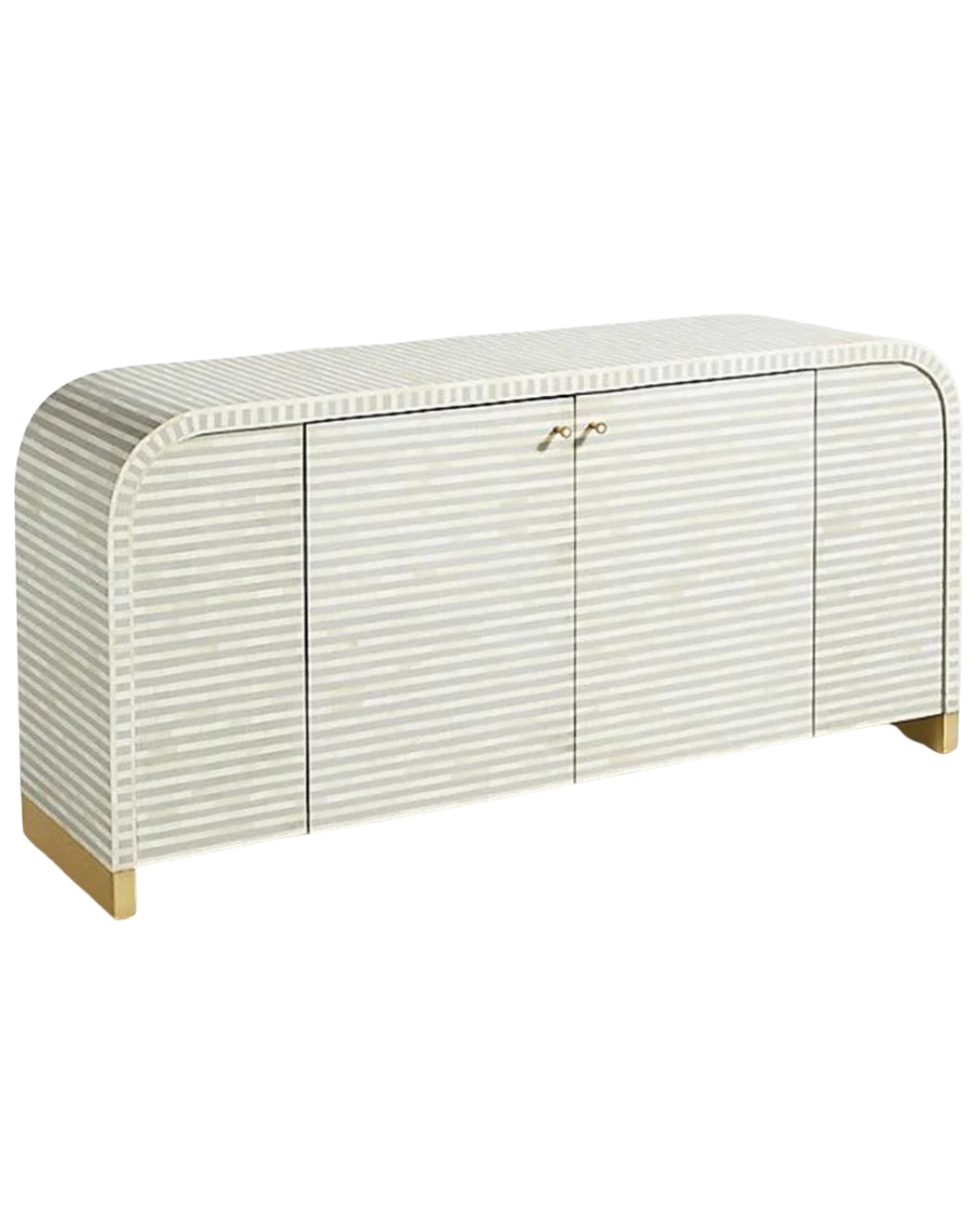 Handcrafted Pale Grey Bone Inlay Sideboard with intricate Bone Inlay, featuring striped pattern and sleek metal legs. A luxurious storage solution for any space.