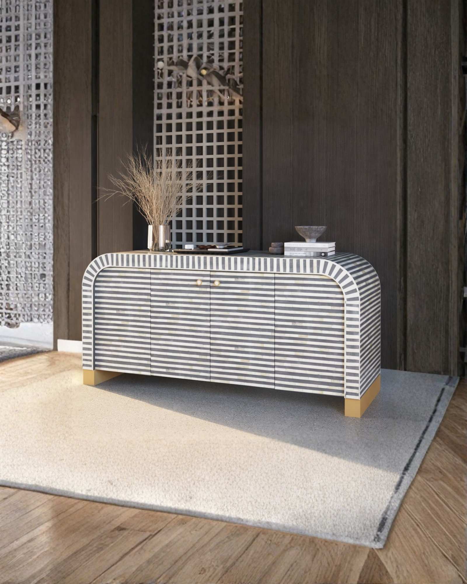 Handcrafted Grey Mother of Pearl Inlay Sideboard with intricate Bone Inlay, featuring striped pattern and sleek metal legs. A luxurious storage solution for any space.