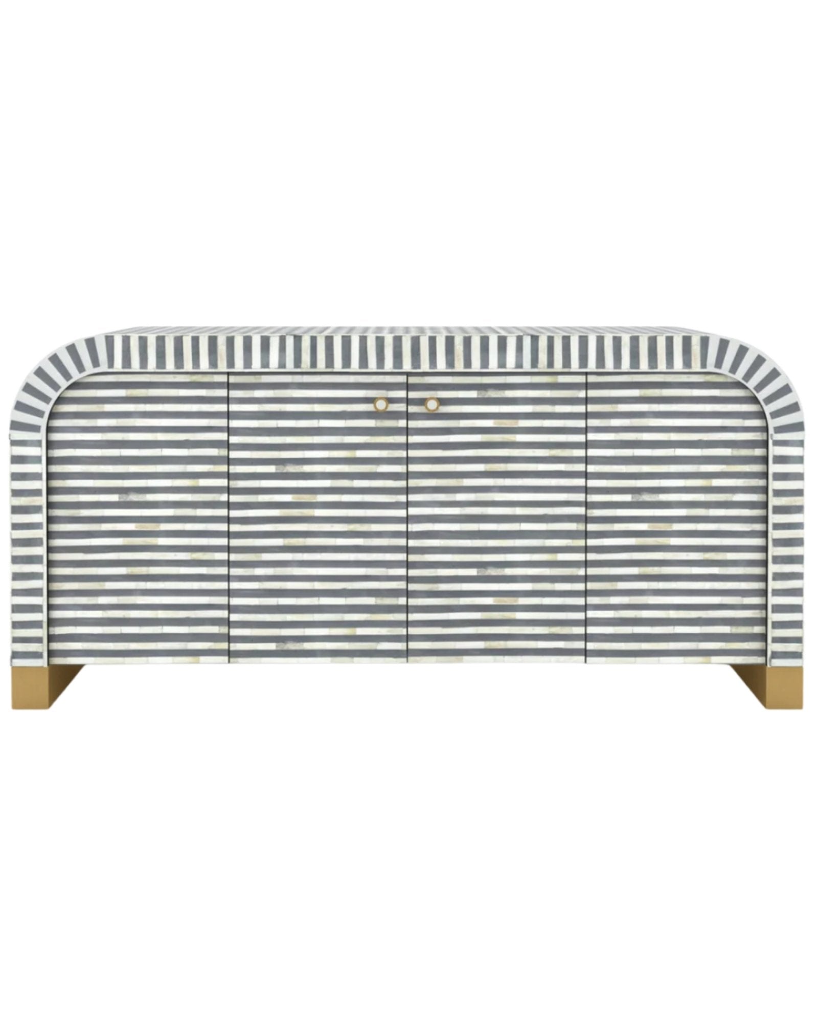 Handcrafted Grey Mother of Pearl Inlay Sideboard with intricate Bone Inlay, featuring striped pattern and sleek metal legs. A luxurious storage solution for any space.