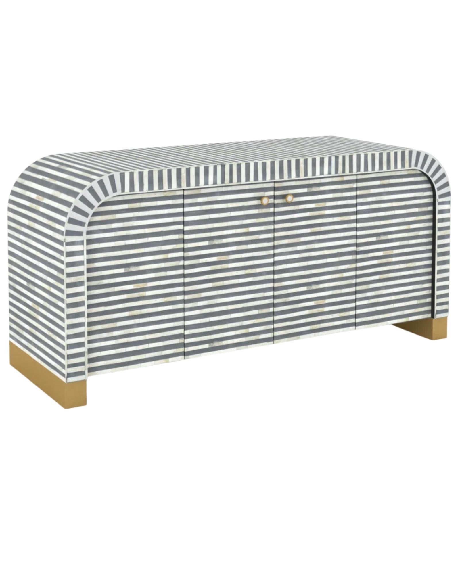 Handcrafted Grey Mother of Pearl Inlay Sideboard with intricate Bone Inlay, featuring striped pattern and sleek metal legs. A luxurious storage solution for any space.