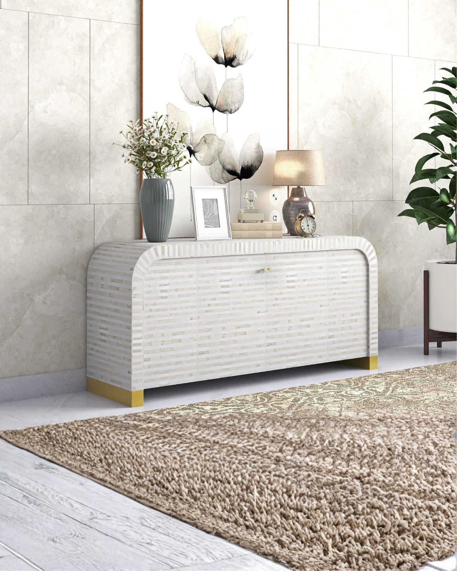 Elegant white bone inlay Lipari Cabinet with gold accents, handcrafted with intricate detailing and ample storage.