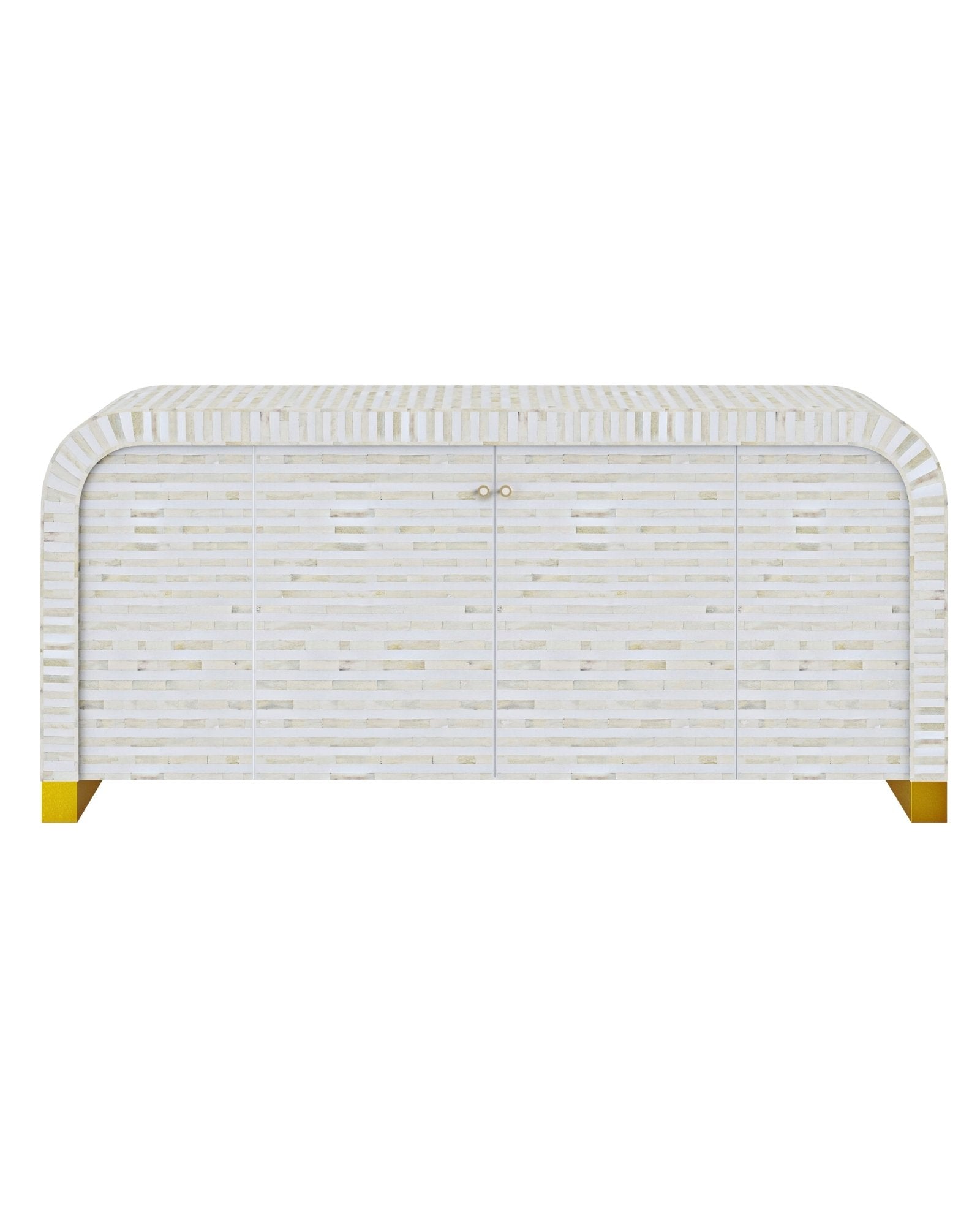 Elegant white bone inlay Lipari Cabinet with gold accents, handcrafted with intricate detailing and ample storage.