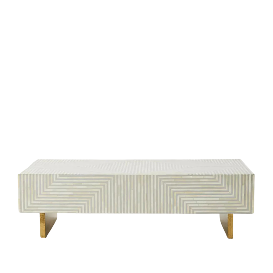 Rectangular grey striped bone inlay coffee table with a sleek design.