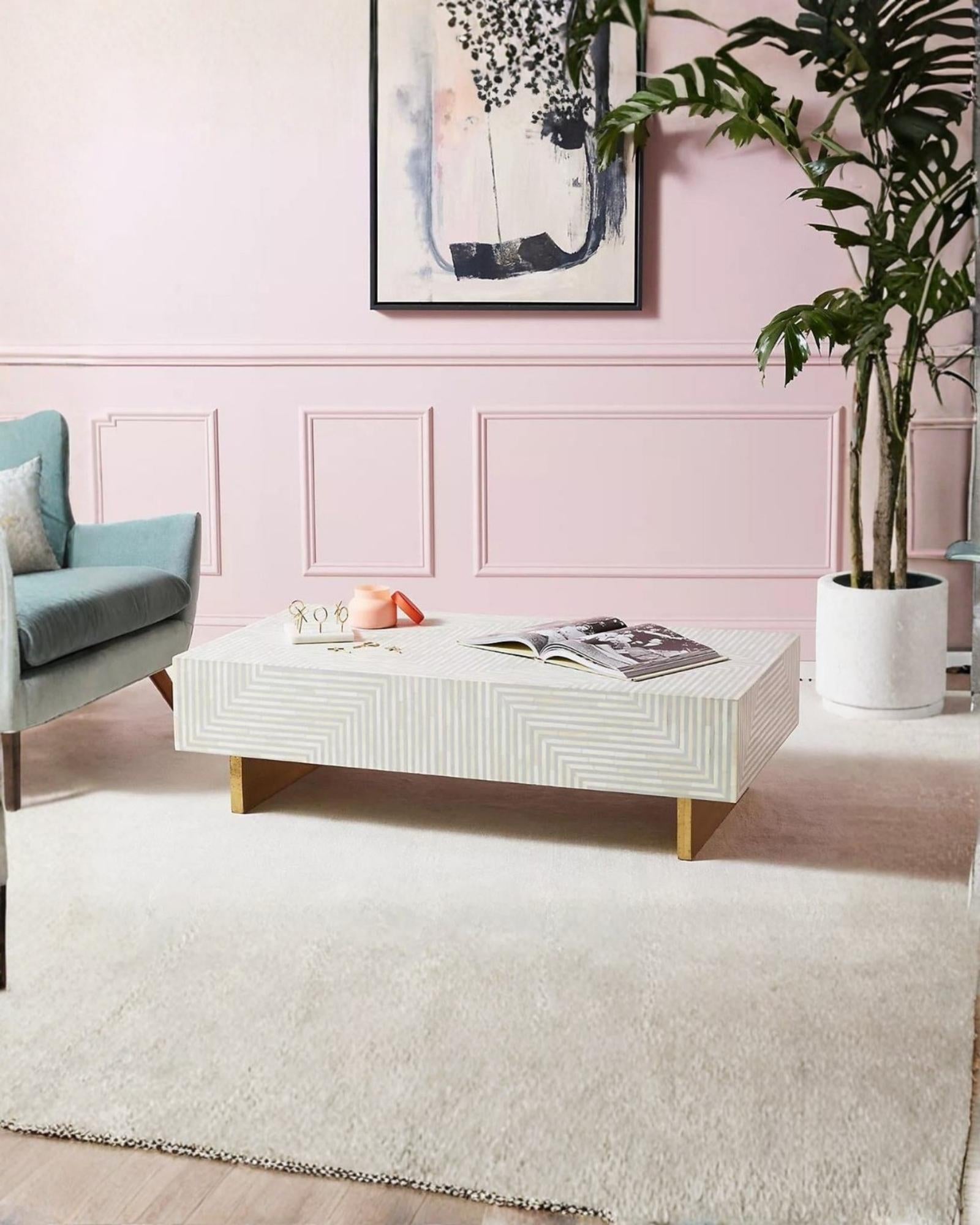 Rectangular grey striped bone inlay coffee table with a sleek design.