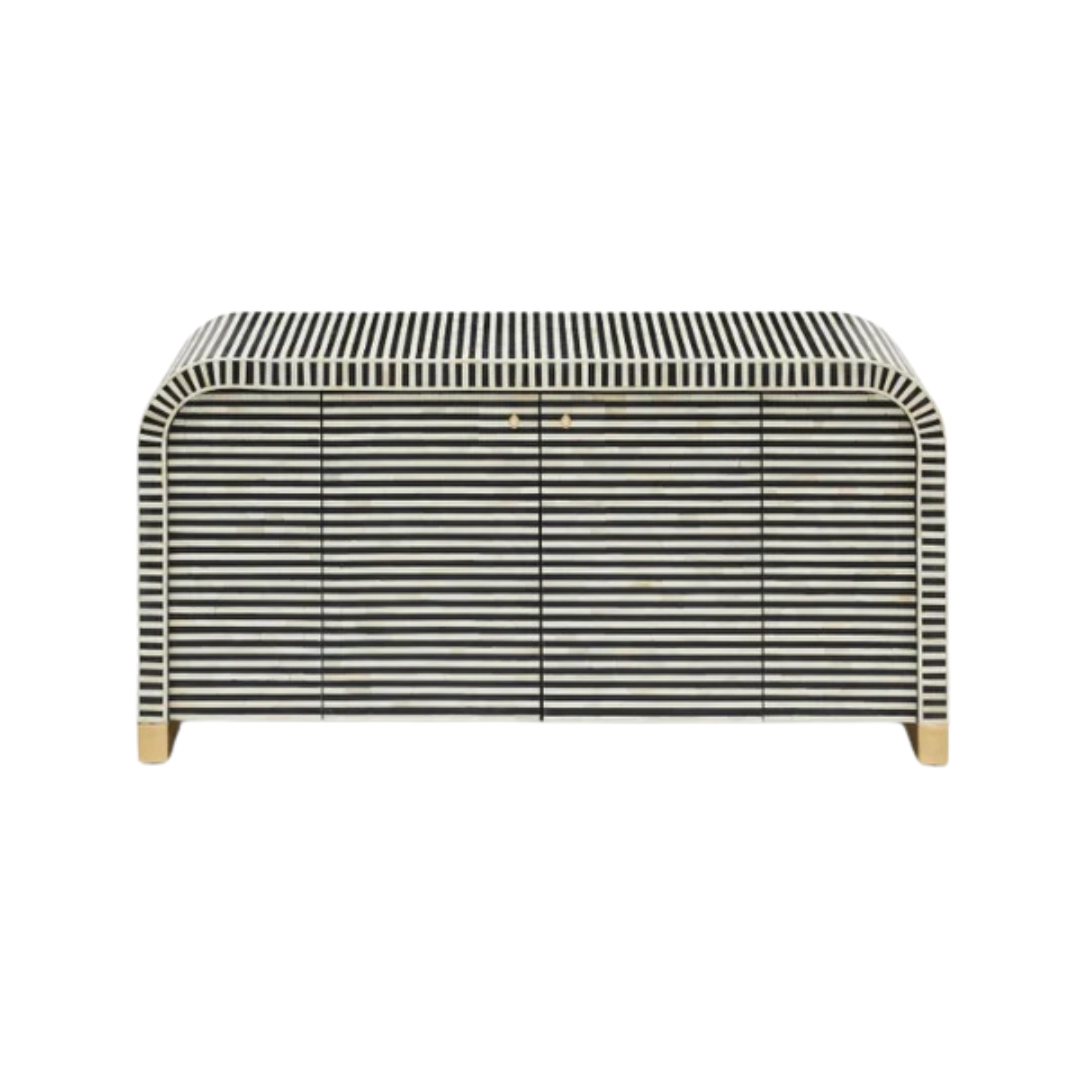 Handcrafted Black & White cabinet with intricate bone inlay, featuring striped pattern and sleek metal legs. A luxurious storage solution for any space.