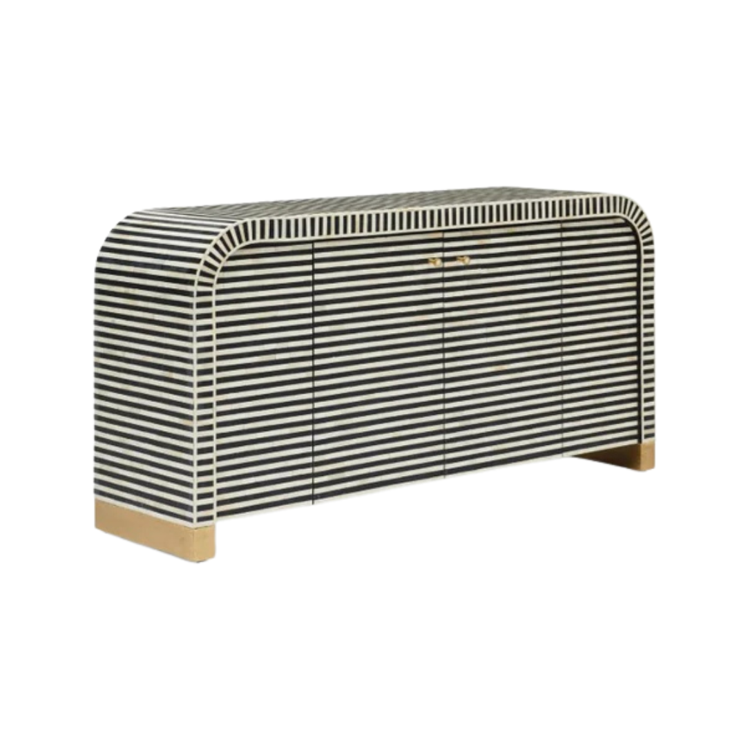 Handcrafted Black & White cabinet with intricate bone inlay, featuring striped pattern and sleek metal legs. A luxurious storage solution for any space.