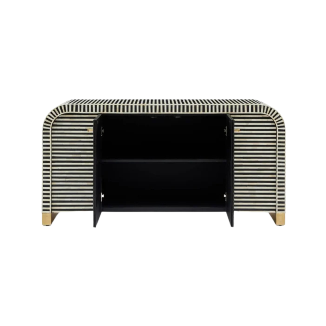 Handcrafted Black & White cabinet with intricate bone inlay, featuring striped pattern and sleek metal legs. A luxurious storage solution for any space.