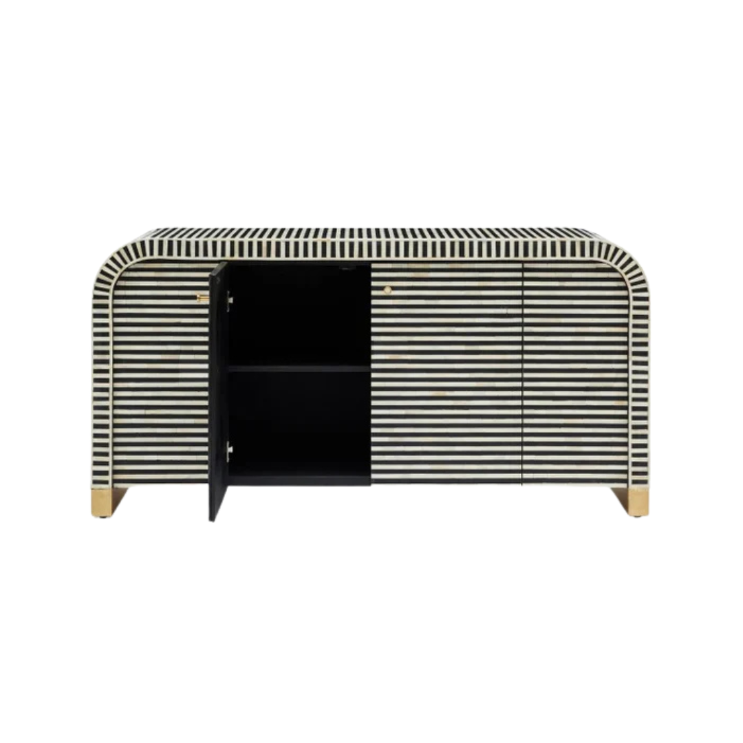 Handcrafted Black & White cabinet with intricate bone inlay, featuring striped pattern and sleek metal legs. A luxurious storage solution for any space.