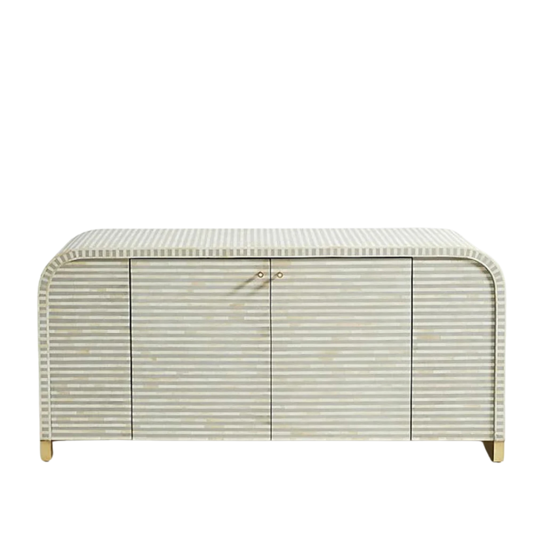 Handcrafted Pale Grey Bone Inlay Sideboard with intricate Bone Inlay, featuring striped pattern and sleek metal legs. A luxurious storage solution for any space.